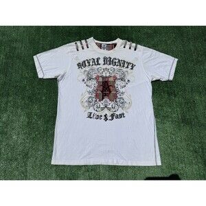 Royal Dignity Y2K Live Fast Embroidered Patch White Plaid T-Shirt Size 2XL